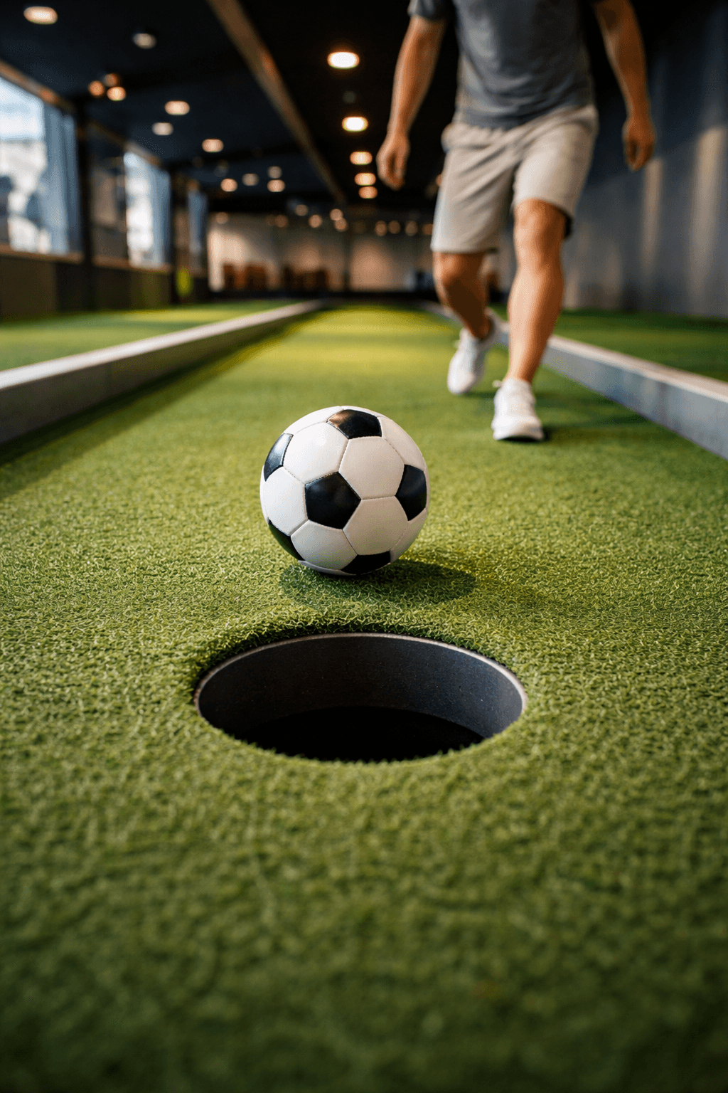 Close-up of soccer ball near hole on indoor turf