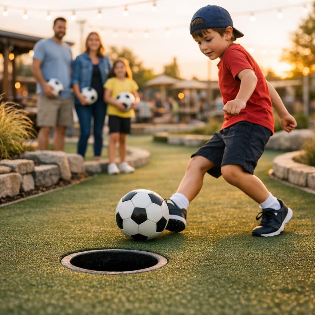 Boy kicking soccer ball into hole while family watches