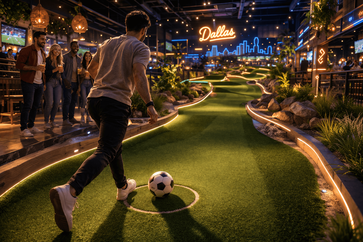 Kick Ins indoor soccer-golf venue in Dallas with neon lights