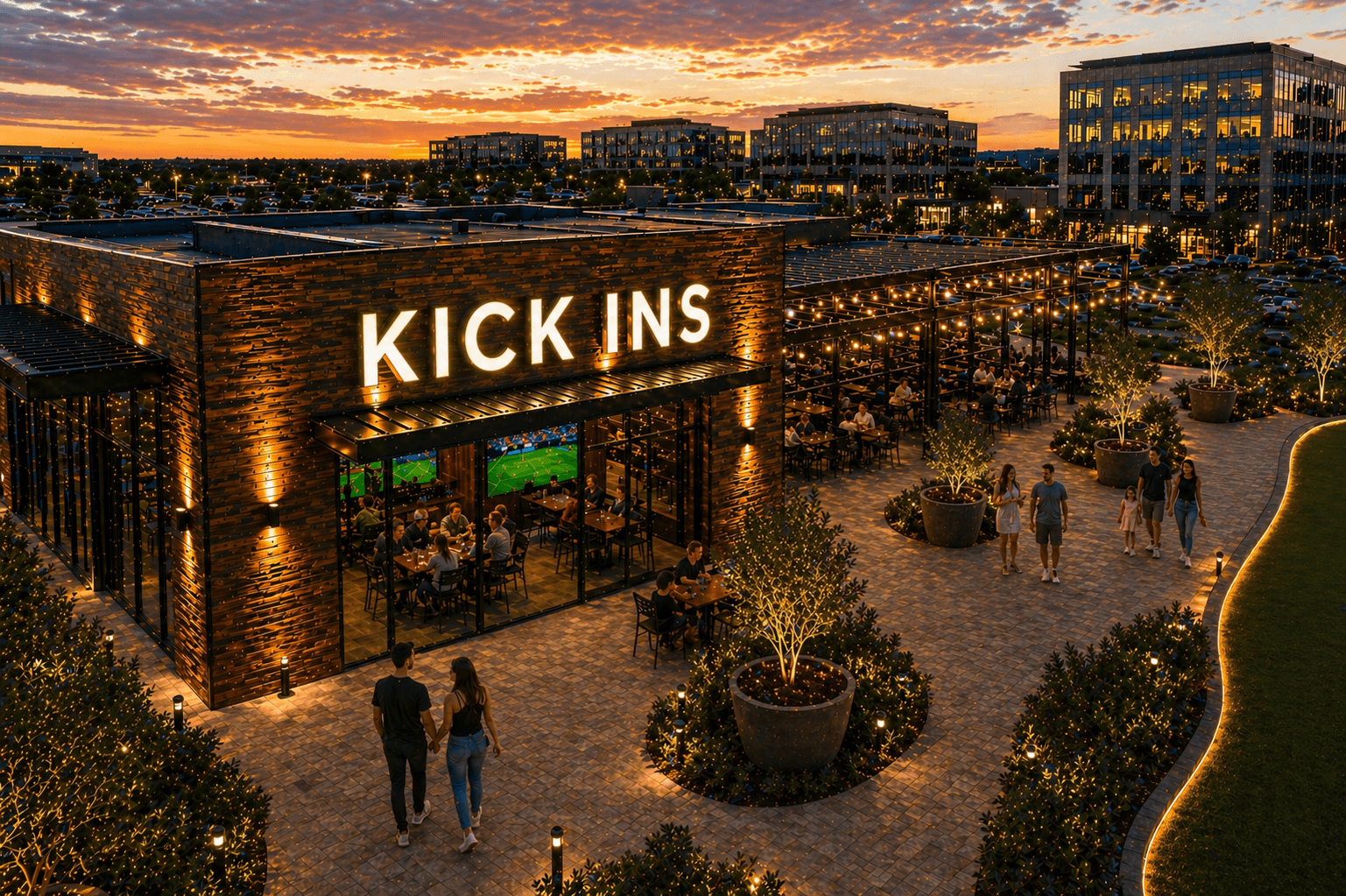 Kick Ins venue exterior at sunset