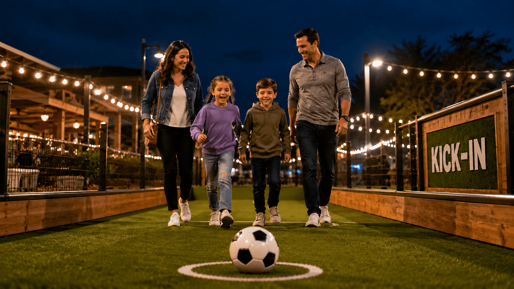 Family approaching a lit turf lane with soccer ball at tee marker