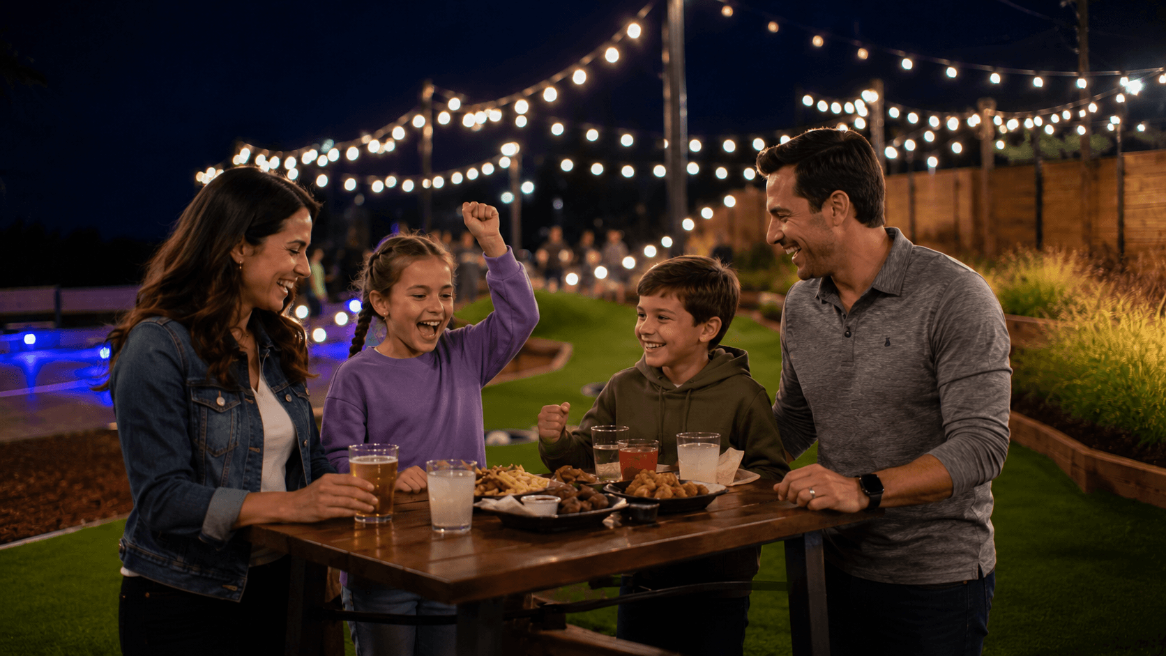 Family at table with food and drinks, turf lanes in background